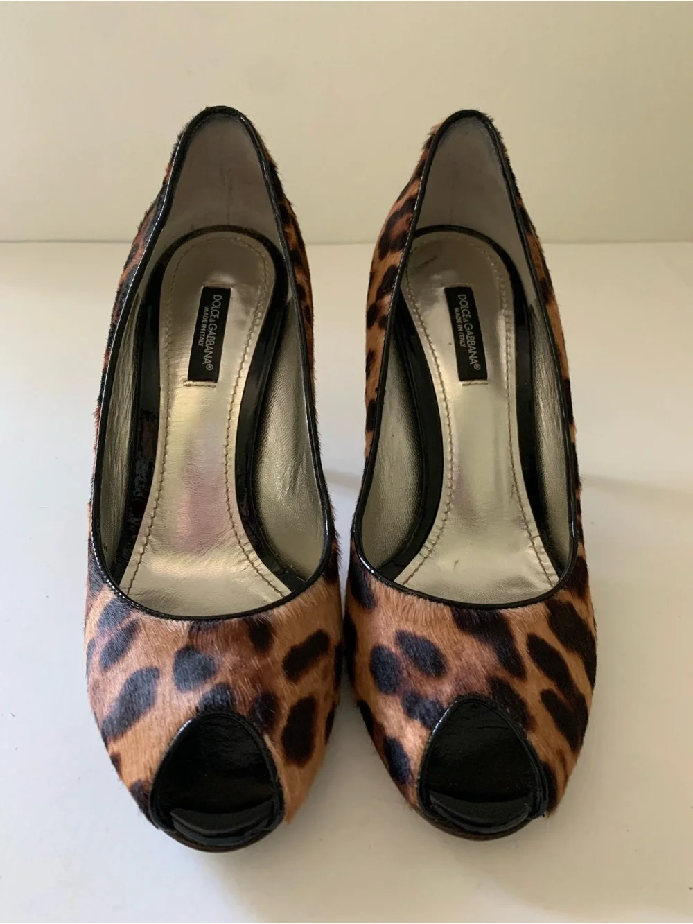 Dolce & Gabbana Calf Hair Leopard Print Peep-Toe Heels, Brown Tan Black, 36.5
